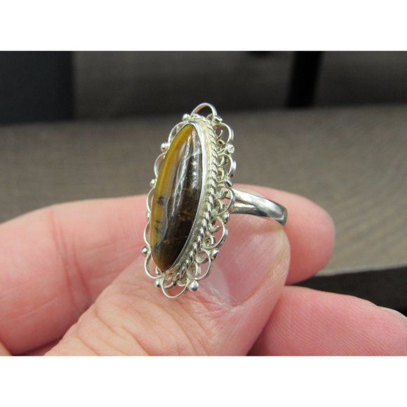 Size 5.5 Sterling Silver Fancy Long Tiger's Eye Stone Band Ring Vintage - Picture 2 of 7